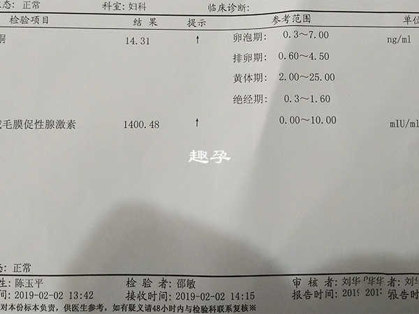 單胎移植14天后HCG參考值為200-500u/L